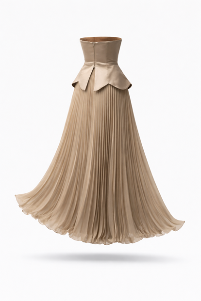 Stone Strapless Pearl Detail Pleated Evening Dress